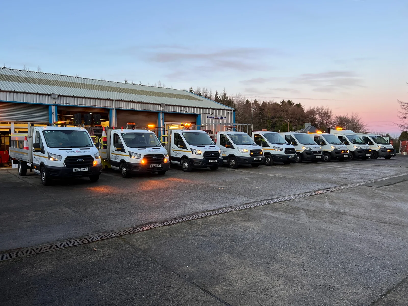 The Conemasters traffic management fleet lined up at the South Wales depot